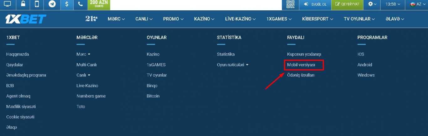 1xBet mobile versiyası